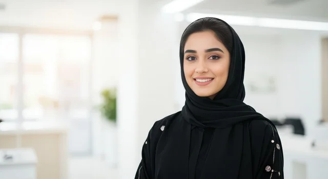 Gestures of self-confidence, the concept of femininity and softness, an Arab Gulf Saudi woman wearing a black abaya and hijab looking at the camera standing with crossed arms, attention to external appearance.