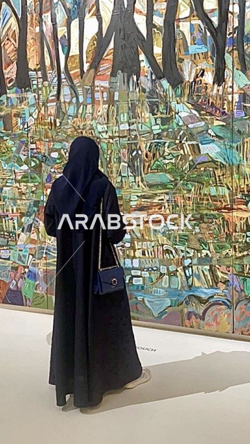 زي سعودي تقليدي، احياء التراث الشعبي الخليجي، صوره من الخلف لامراه عربيه خليجيه سعوديه ترتدي العباءه السوداء والحجاب تقف امام متحف البجيري التاريخي في مدينه الرياض ، يوم التأسيس السعودي، موقع تراثي عالمي، حضارة وتاريخ المملكة العربية السعودية  ، البيوت الطينية في الدرعية البجيري بمدينة الرياض