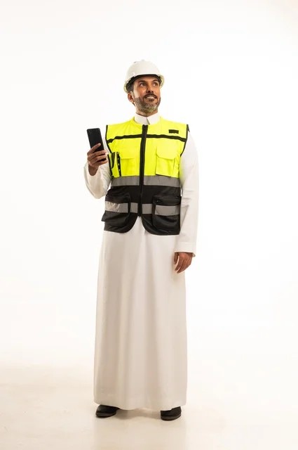 العمل في القطاع الهندسي، الإعمار بسواعد أبناء الوطن، مفهوم الهندسة والانشاءات المعمارية، بورتريه لمهندس عربي خليجي سعودي يرتدي الثوب التقليدي والسترة الخاصة وخوذة الحماية يقف ويمسك الهاتف المحمول، الجسم بالطول الكامل، خلفية بيضاء