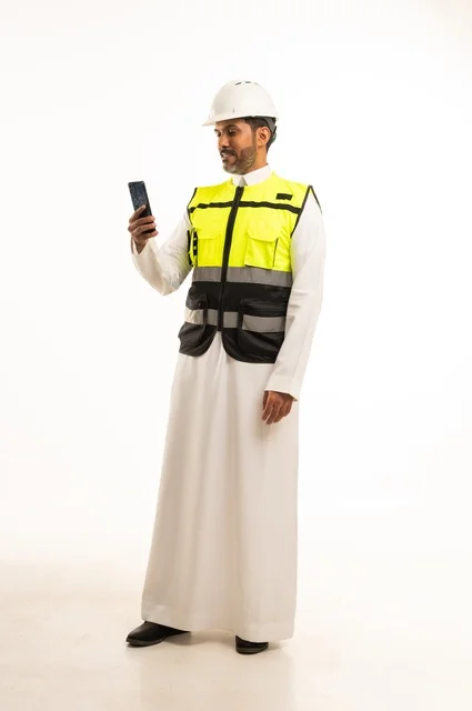 Working in the engineering sector, construction with the hands of the nation's sons, the concept of engineering and architectural constructions, a portrait of a Saudi Gulf Arab engineer wearing traditional attire and a special jacket and safety helmet, standing and holding a mobile phone, full-body, white background.