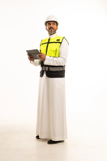 استخدام جهاز تقني حديث متطور في مجال الهندسة، العمل في القطاع الهندسي السعودي، مفهوم ادارة المشاريع الهندسية والانشاءات، مهنة ووظيفة شبابية، بورتريه لشاب مهندس عربي خليجي سعودي يرتدي الثوب التقليدي والسترة وخوذة الحماية يعمل على جهاز التابلت، خلفية بيضاء