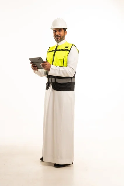 The use of advanced modern technology in the field of engineering, working in the Saudi engineering sector, the concept of engineering and construction project management, a profession and job for youth, a portrait of a young Arab Gulf Saudi engineer wearing traditional attire and a jacket and safety helmet working on a tablet device, white background.