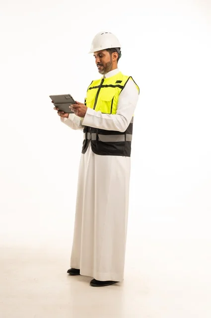 استخدام جهاز تقني حديث متطور في مجال الهندسة، العمل في القطاع الهندسي السعودي، مفهوم ادارة المشاريع الهندسية والانشاءات، مهنة ووظيفة شبابية، بورتريه لشاب مهندس عربي خليجي سعودي يرتدي الثوب التقليدي والسترة وخوذة الحماية يعمل على جهاز التابلت، خلفية بيضاء