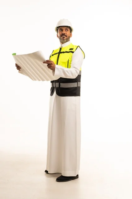وظيفة ومهنة هندسية شبابية، بورتريه لمهندس عربي خليجي سعودي يرتدي الثوب التقليدي والسترة وخوذة الحماية يعمل في القطاع الهندسي في المملكة العربية السعودية، ادارة المشاريع الهندسية والانشاءات، مفهوم دراسة المخطط ومشروع البناء، الجسم بالطول الكامل، خلفية بيضاء