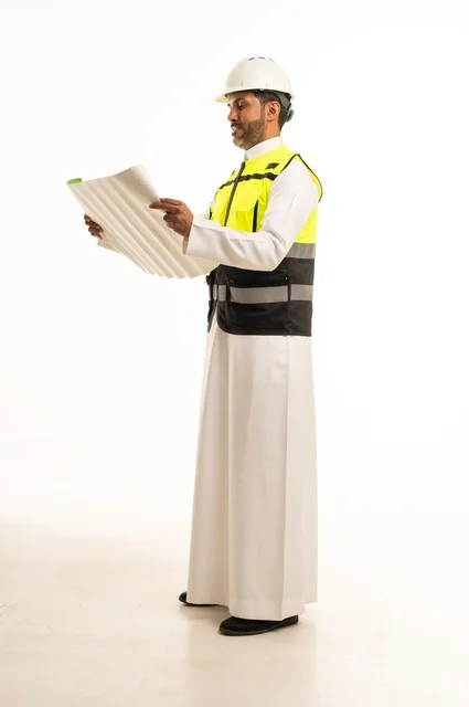 وظيفة ومهنة هندسية شبابية، بورتريه لمهندس عربي خليجي سعودي يرتدي الثوب التقليدي والسترة وخوذة الحماية يعمل في القطاع الهندسي في المملكة العربية السعودية، ادارة المشاريع الهندسية والانشاءات، مفهوم دراسة المخطط ومشروع البناء، الجسم بالطول الكامل، خلفية بيضاء