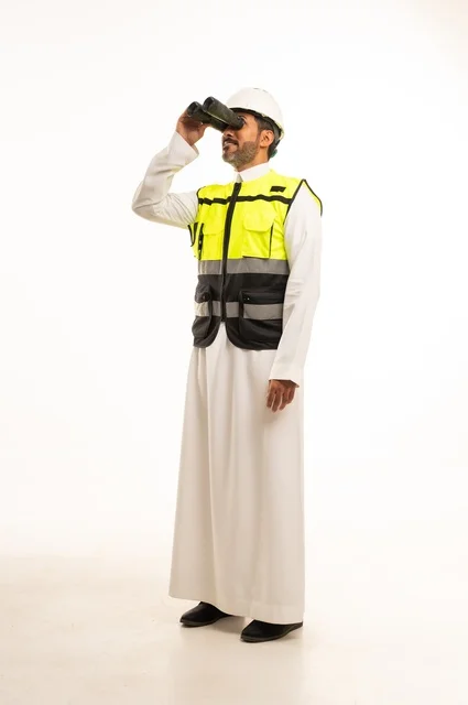 المهن والوظائف الشبابية، رؤية الأشياء البعيدة، بورتريه لمهندس عربي خليجي سعودي يرتدي الثوب والخوذة وسترة الحماية ينظر من خلال المنظار ثنائي العينين إلى شيء ما ، متابعة سير المشاريع الهندسية الإعمارية، الجسم بالطول الكامل، خلفية بيضاء