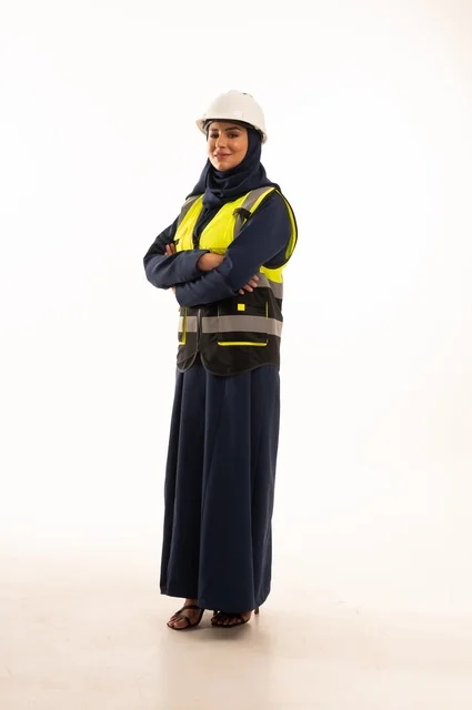 Hand expressions of intertwined hands, the role of structural engineering in the development of Saudi society, the role of structural engineering in the development of Saudi society, a portrait of a Gulf Arab Saudi Muslim engineer wearing a white helmet and safety vest, full-body, white background.