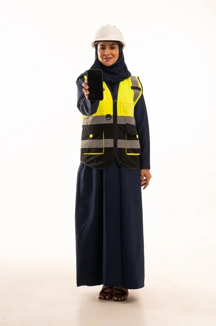 A black background displayed on a mobile phone and standing with a straight back, women's professions and jobs in the engineering sector, the role of structural engineering in the development of Saudi society, a portrait of an Arab Gulf Saudi Muslim engineer wearing a white helmet and safety vest, full-body, white background.