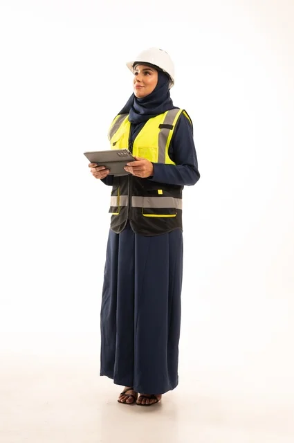 Standing with a straight back, women's professions and jobs in the engineering sector, the role of structural engineering in the development of Saudi society, a portrait of a Muslim Arab Gulf Saudi female engineer wearing a white helmet and safety vest working on a tablet, full-body, white background.