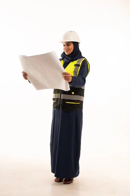 متابعة وقراءة المخططات الهندسية، دور الهندسة الإنشائية في تطور المجتمع السعودي، دور الهندسة الإنشائية في تطور المجتمع السعودي, بورتريه لمهندسة عربية خليجية سعودية مسلمة محجبة ترتدي الخوذة البيضاء وسترة الحماية، الجسم بالطول الكامل، خلفية بيضاء