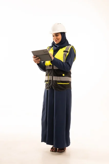 Women’s professions and jobs in the engineering sector, the role of structural engineering in the development of Saudi society, a portrait of a Gulf Arab Muslim Saudi female engineer wearing a white helmet and safety vest working on a tablet, standing with a straight back, full body, white background.