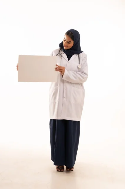 بورتريه لطبيبة عربية خليجية سعودية ترتدي العباءة والمئزر الأبيض تمسك بيديها لوحة بيضاء مستطيلة فارغة، شابة سعودية تنظر إلى الكاميرا بتعابير الحزم والجدية، العروض والإعلانات التسويقية, لوحات توضيحية ووسائل تعليمية, موك اب مستطيل أبيض, خلفية بيضاء