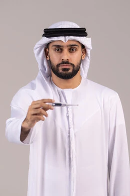The importance of having a digital scale at home, feeling exhausted and tired with symptoms of fever, a portrait of an Emirati Gulf Arab man wearing a kandura and ghutrah holding a thermometer measuring his temperature, the need for medical assistance, white background.
