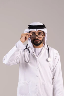 الفحص الطبي وتقديم الخدمات العلاجية للمرضى, الوقوف باستقامة بإيماءات الثقة بالنفس، العمل في القطاع الصحي في الامارات، بورتريه لطبيب عربي خليجي اماراتي يرتدي الكندورة والغترة والمعطف الطبي يضع السماعة والنظارة الطبية ينظر إلى الكاميرا، خلفية بيضاء