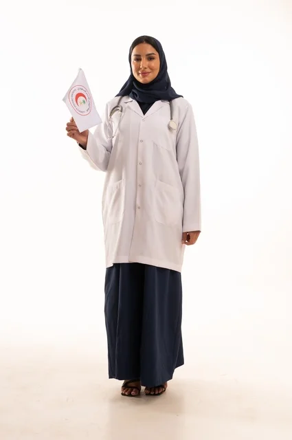 The concept of medicine and healthcare, a portrait of a Saudi Gulf Arab female doctor wearing an abaya and a white coat holding the Red Crescent flag in her hands, a young Saudi woman looking at the camera with expressions of determination and seriousness, marketing promotions and advertisements, white background.