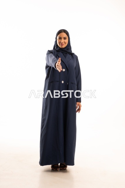 Hand expressions extending the hand straight for a handshake, attention to appearance and elegance, expressions of joy and love, a portrait of a Saudi Arabian Gulf woman wearing a hijab and an abaya, a young Saudi woman, the concept of expression through gestures, full-body image, white background.