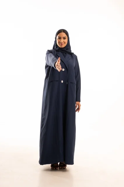 Hand expressions extending the hand straight for a handshake, attention to appearance and elegance, expressions of joy and love, a portrait of a Saudi Arabian Gulf woman wearing a hijab and an abaya, a young Saudi woman, the concept of expression through gestures, full-body image, white background.