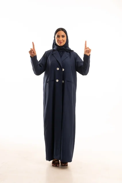 The fingers of the hands are pointing upwards, attention to appearance and elegance, expressions of joy and a smile, a portrait of a Saudi Arabian Gulf woman wearing a hijab and an abaya, a young Saudi woman, the concept of expression through gesture, full-body image, white background.