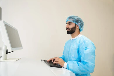 ايماءات التركيز والاندماج، الاستفادة من التصوير الشعاعي والتقنيات الحديثة في مجال طب العيون، استخدام التكنولوجيا المتطورة في التشخيص والعلاج البصري، طبيب عربي خليجي سعودي يرتدي الزي الرسمي المعقم يتابع صور الأشعة العينية على جهاز الحاسوب داخل المركز الطبي للعيون، فحص دقيق لحالة الشبكية والقرنية، العناية بصحة العين وتحسين الرؤية، خلفية داخلية للمركز الطبي