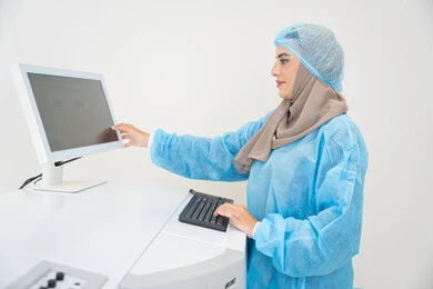 العناية بصحة العين وتحسين الرؤية، الاستفادة من التصوير الشعاعي والتقنيات الحديثة في مجال طب العيون، استخدام التكنولوجيا المتطورة في التشخيص والعلاج البصري، طبيبة عربية خليجية سعودية ترتدي الزي الرسمي المعقم تتابع صور الأشعة العينية على جهاز الحاسوب داخل المركز الطبي للعيون، فحص دقيق لحالة الشبكية والقرنية، خلفية داخلية للمركز الطبي