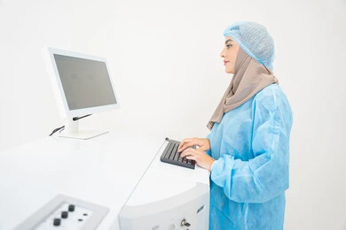 الاستفادة من التصوير الشعاعي والتقنيات الحديثة في مجال طب العيون، استخدام التكنولوجيا المتطورة في التشخيص والعلاج البصري، طبيبة عربية خليجية سعودية ترتدي الزي الرسمي المعقم تتابع صور الأشعة العينية على جهاز الحاسوب داخل المركز الطبي للعيون، فحص دقيق لحالة الشبكية والقرنية، العناية بصحة العين وتحسين الرؤية، خلفية داخلية للمركز الطبي