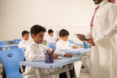 المشاركة الفعالة للطلاب مع المدرسين،  استخدام التقنيات الحديثة ، معلم عربي خليجي سعودي يرتدي الثوب التقليدي والشماغ يقوم بمناقشة الدروس مع طلابه يمسك بيده جهاز التابلت ، مجموعة من طلاب عربيين خليجيين سعوديين يرتدون الزي المدرسي يقومون بتأديه الواجبات ،حوارات ودية بين الاستاذ والطلاب