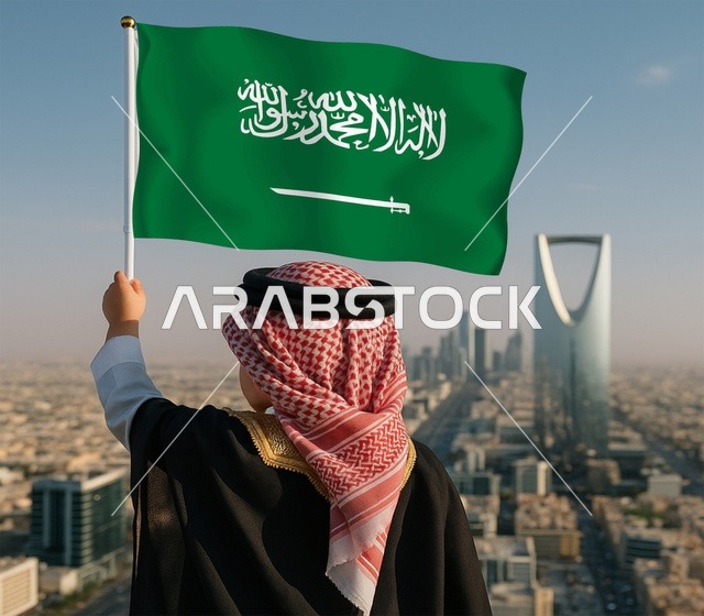 اليوم الوطني السعودي 23 سبتمبر، احياء الذكرى 95 للسعودية، راية التوحيد وشعار الوطن، صورة من الخلف لرجل عربي خليجي سعودي يرتدي الشماغ والثوب التقليدي يقف بايماءات الفخر والاعتزاز، الاحتفال بالمناسبات والأعياد الوطنية، يوم العلم 11 مارس