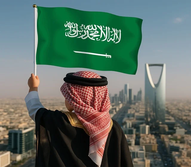 اليوم الوطني السعودي 23 سبتمبر، احياء الذكرى 95 للسعودية، راية التوحيد وشعار الوطن، صورة من الخلف لرجل عربي خليجي سعودي يرتدي الشماغ والثوب التقليدي يقف بايماءات الفخر والاعتزاز، الاحتفال بالمناسبات والأعياد الوطنية، يوم العلم 11 مارس