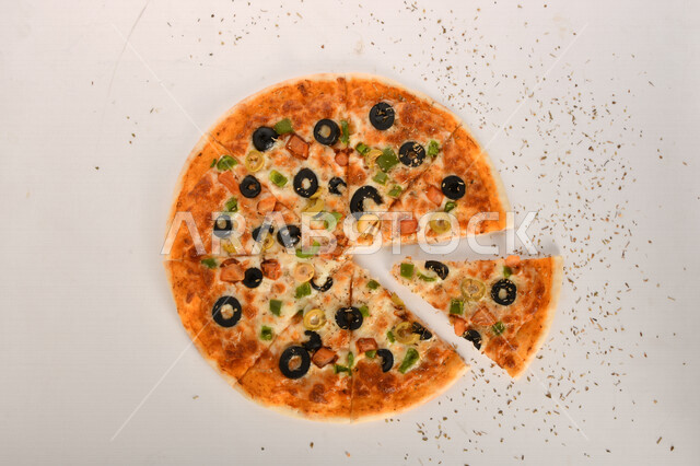 Fresh delicious pizza pie, vegetable pizza, delicious piece of pizza pie, fast food