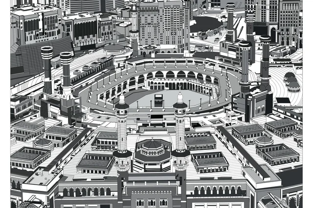 رسم سكيتش بالاسود والابيض للكعبة المشرفة ومآذن المسجد الحرام، أداء مناسك الحج والعمرة، ساحة الحرم المكي الشريف في مكة المكرمة، مفهوم العبادة والتقرب إلى الله، معالم دينية إسلامية مقدسة في المملكة العربية السعودية