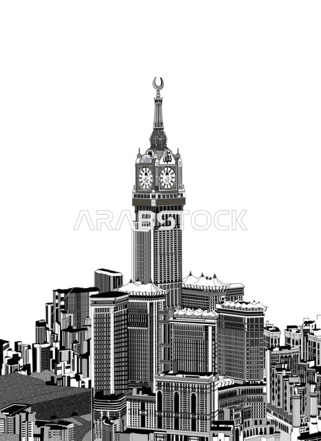 رسم سكيتش بالاسود والابيض لبرج الساعة في مكة المكرمة بالمملكة العربية السعودية، ابراج وناطحات سحاب، الفن الهندسي المعماري، معالم السعودية المشهورة