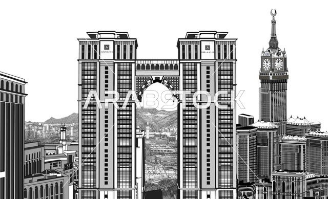 ابراج وناطحات سحاب،رسم سكيتش بالاسود والابيض لبرج الساعة في مكة المكرمة بالمملكة العربية السعودية،  الفن الهندسي المعماري، معالم السعودية المشهورة