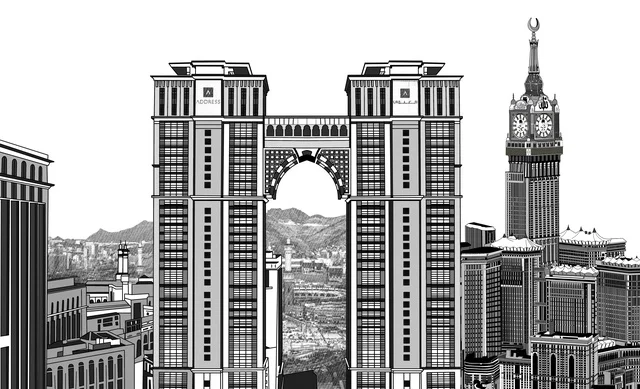 ابراج وناطحات سحاب،رسم سكيتش بالاسود والابيض لبرج الساعة في مكة المكرمة بالمملكة العربية السعودية،  الفن الهندسي المعماري، معالم السعودية المشهورة