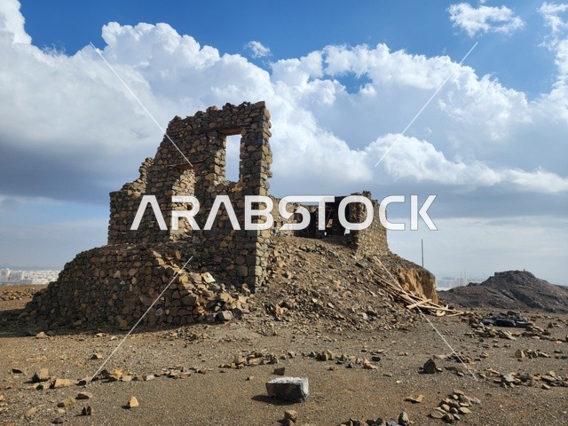 The Trench Mosque on Mount Sal' in Medina, the seven ancient archaeological mosques at the top of the mountain during the day, the architecture in the old style, Islamic and religious sacred places and areas in the Kingdom of Saudi Arabia.