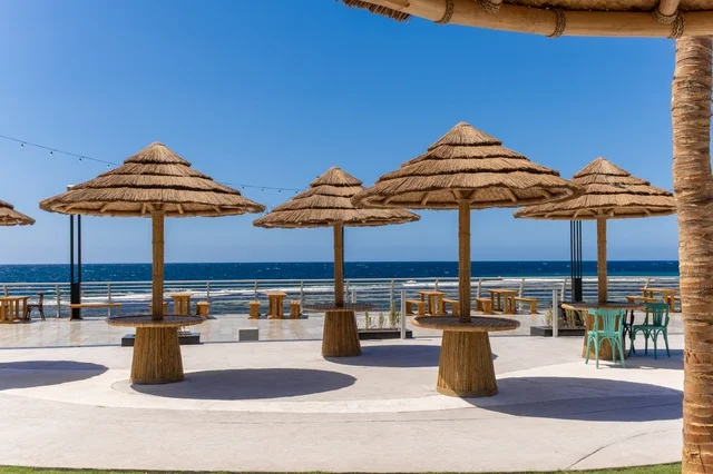 Parks on the waterfront, a charming daytime scene of Jeddah's beach and its distinctive landmarks, the meeting of the clear blue waters of the Red Sea with the wide horizon, a tranquil atmosphere reflecting the beauty of the city of Jeddah and the splendor of its coastal nature.