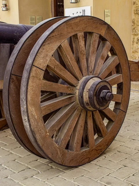 A historical fort in the Ajman Museum, traditional and modern buildings in the Heritage Area in Sharjah, United Arab Emirates.