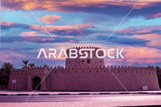 أماكن و معالم سياحية مشهورة في الامارات العربيه المتحدة, مركز القطارة للفنون في مدينة العين ,وجهة ثقافية ترفيهيه, مقصد السياح من مختلف البلدان, صورة مقربة للحصون المبنية من الطين على الطراز القديم