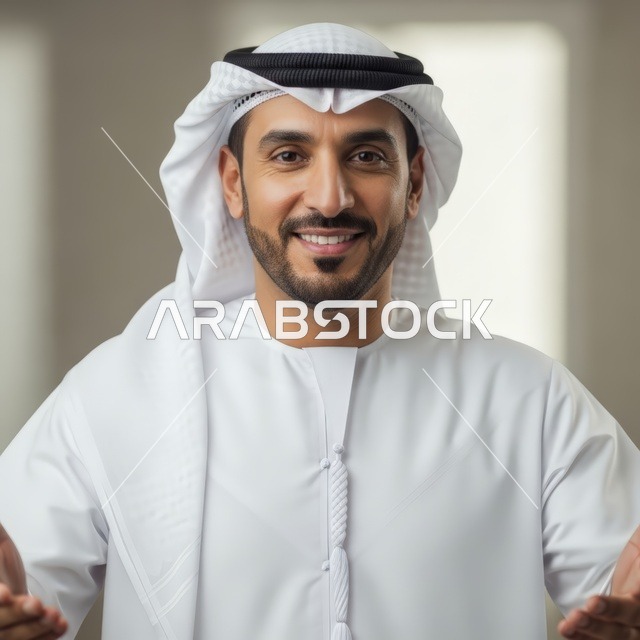 A picture of a handsome Emirati man wearing the traditional kandura and white ghutrah, smiling warmly with a welcoming gesture.