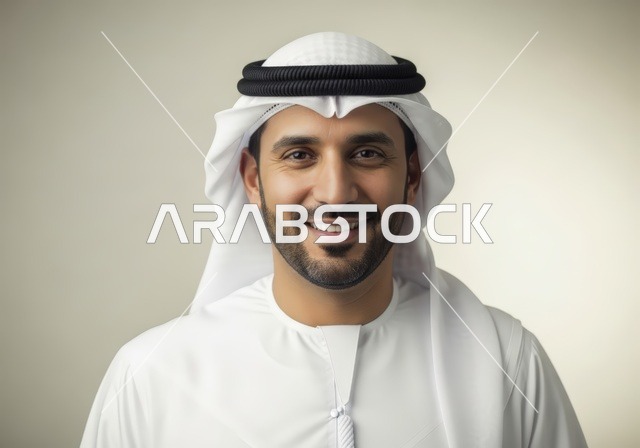 رجل إماراتي وسيم وواثق يرتدي الكندورة والغترة البيضاء التقليدية ويبتسم بدفء للكاميرا.