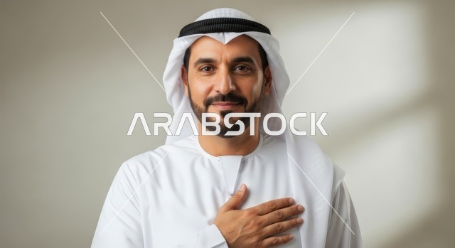ايماءات الاعتزاز بالنفس ، رجل إماراتي وقور يرتدي الزي التقليدي ويضع يده على قلبه في لفتة تعبر عن الصدق والفخر.