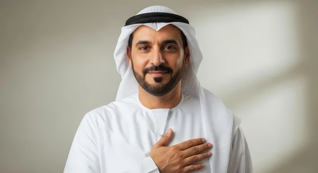 ايماءات الاعتزاز بالنفس ، رجل إماراتي وقور يرتدي الزي التقليدي ويضع يده على قلبه في لفتة تعبر عن الصدق والفخر.