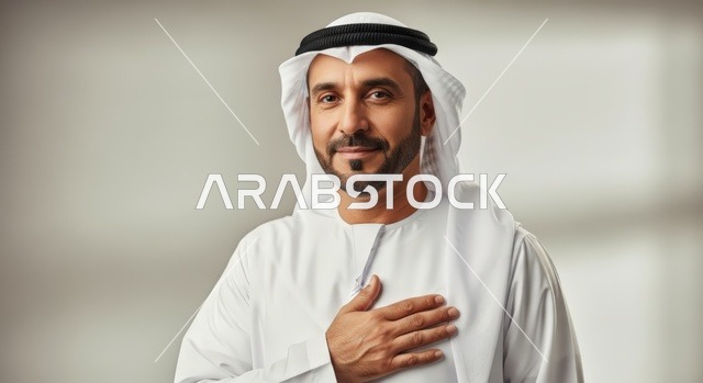 رجل إماراتي وقور يرتدي الزي التقليدي ويضع يده على قلبه في لفتة تعبر عن الصدق والفخر.