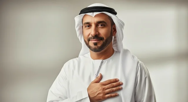 A dignified Emirati man wearing traditional attire places his hand on his heart in a gesture that expresses sincerity and pride.