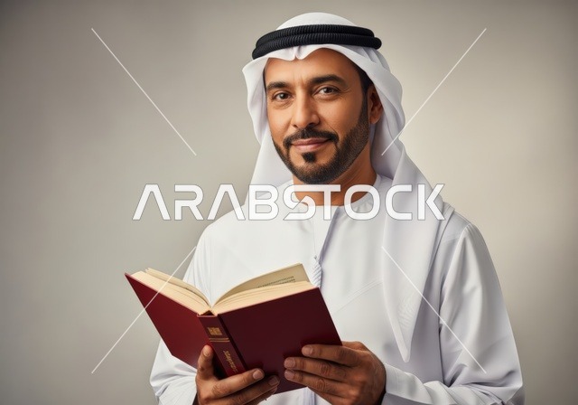 رجل عربي مثقف يرتدي الزي الإماراتي التقليدي ويمسك بكتاب مفتوح، مما يمثل مزيجًا من الثقافة والتعليم والحكمة.