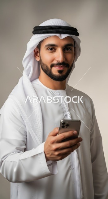 شاب عربي وسيم يرتدي الزي الإماراتي التقليدي يبتسم بثقة للكاميرا وهو يحمل ويستخدم هاتفاً ذكياً حديثاً.