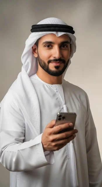 A handsome Arab young man wearing traditional Emirati attire smiles confidently at the camera while holding and using a modern smartphone.