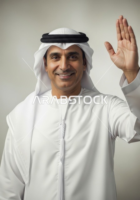 A handsome Middle Eastern man wearing a traditional white thobe and ghutrah smiles warmly and waves his hand in greeting.