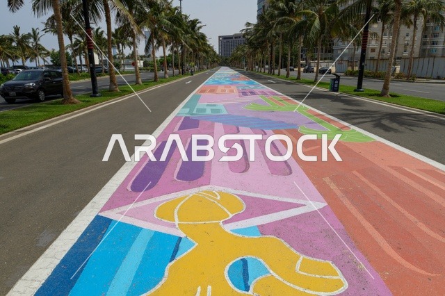 صورة لممشى كورنيش جدة الملون ، الواجهة البحرية في مدينة جدة بالمملكة العربية السعودية ، المعالم السياحية في المدينة الساحلية بجدة