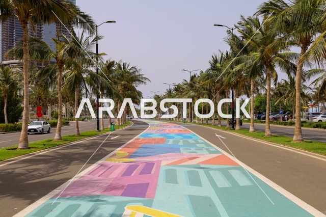 Tourist attractions in the coastal city of Jeddah, a picture of the colorful Jeddah Corniche walkway, the waterfront in the city of Jeddah, Saudi Arabia.