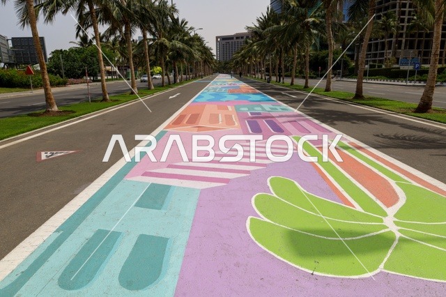 صورة لممشى كورنيش جدة الملون ، الواجهة البحرية في مدينة جدة بالمملكة العربية السعودية ، المعالم السياحية في المدينة الساحلية بجدة
